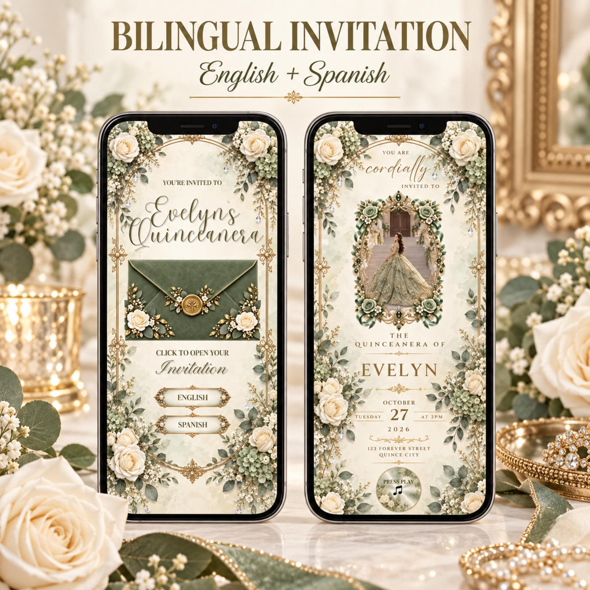 Sage green and gold bilingual quinceañera Canva invitation — image 1