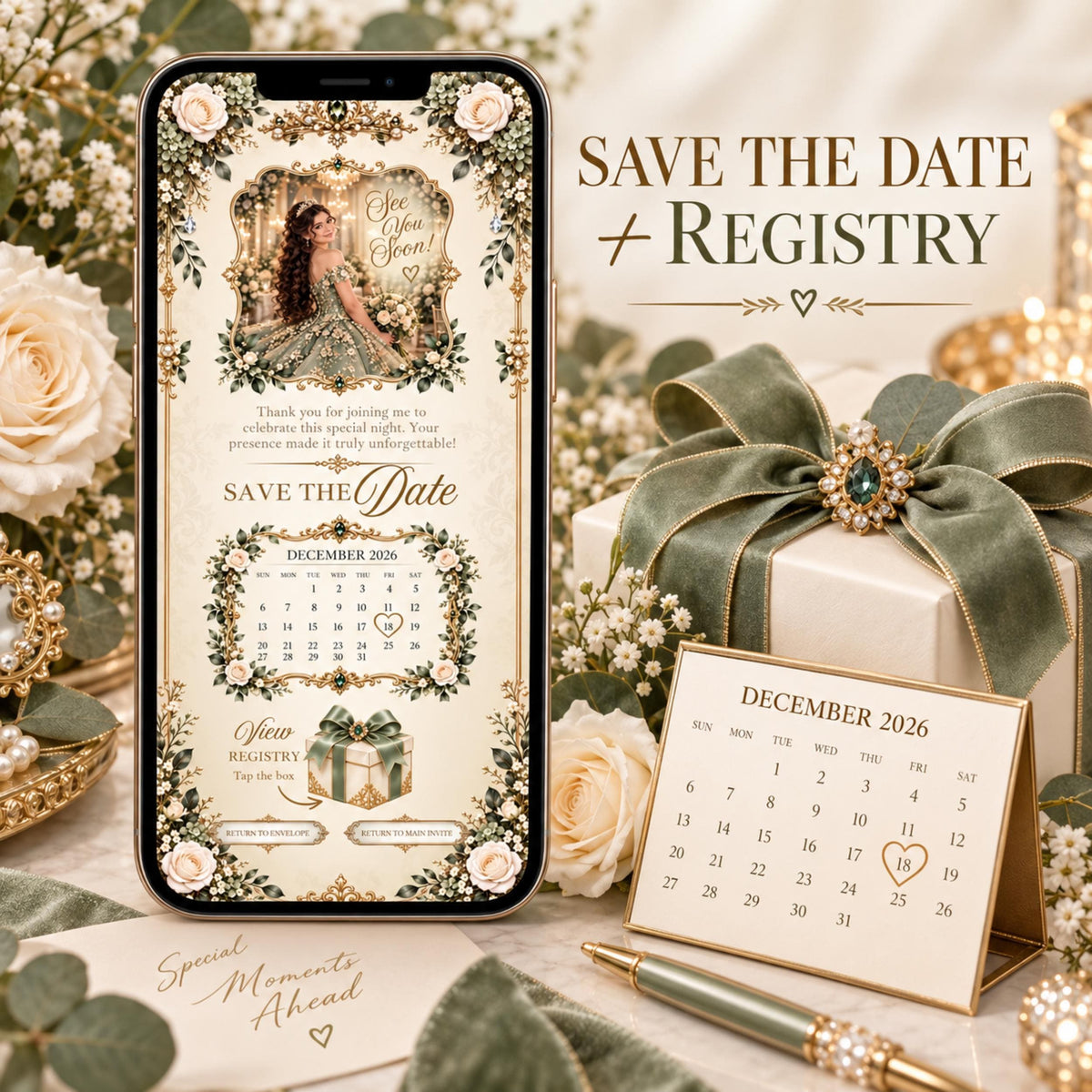 Sage green and gold bilingual quinceañera Canva invitation — image 11
