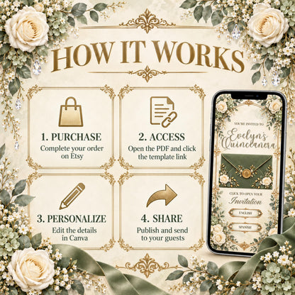 Sage green and gold bilingual quinceañera Canva invitation — image 12