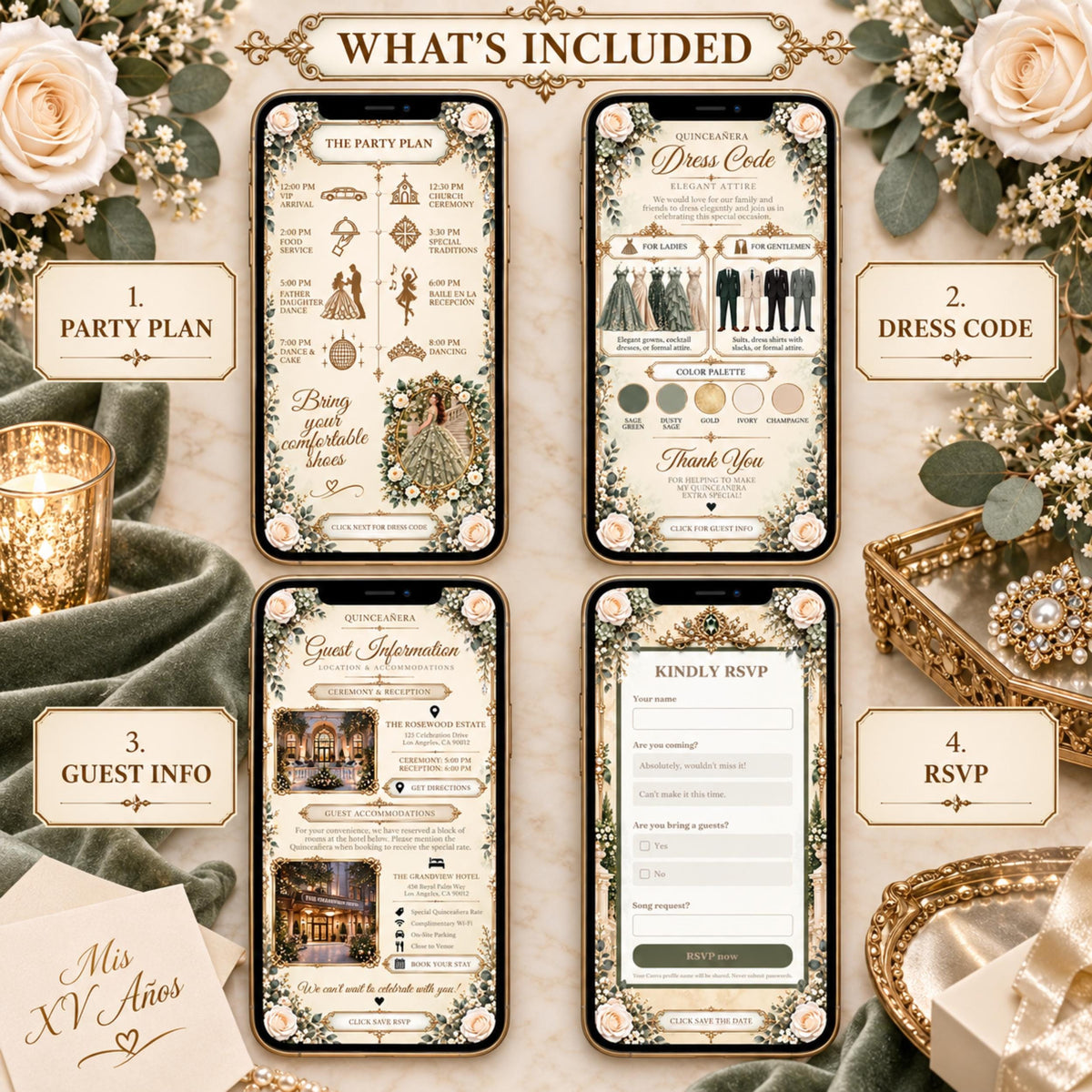 Sage green and gold bilingual quinceañera Canva invitation — image 2
