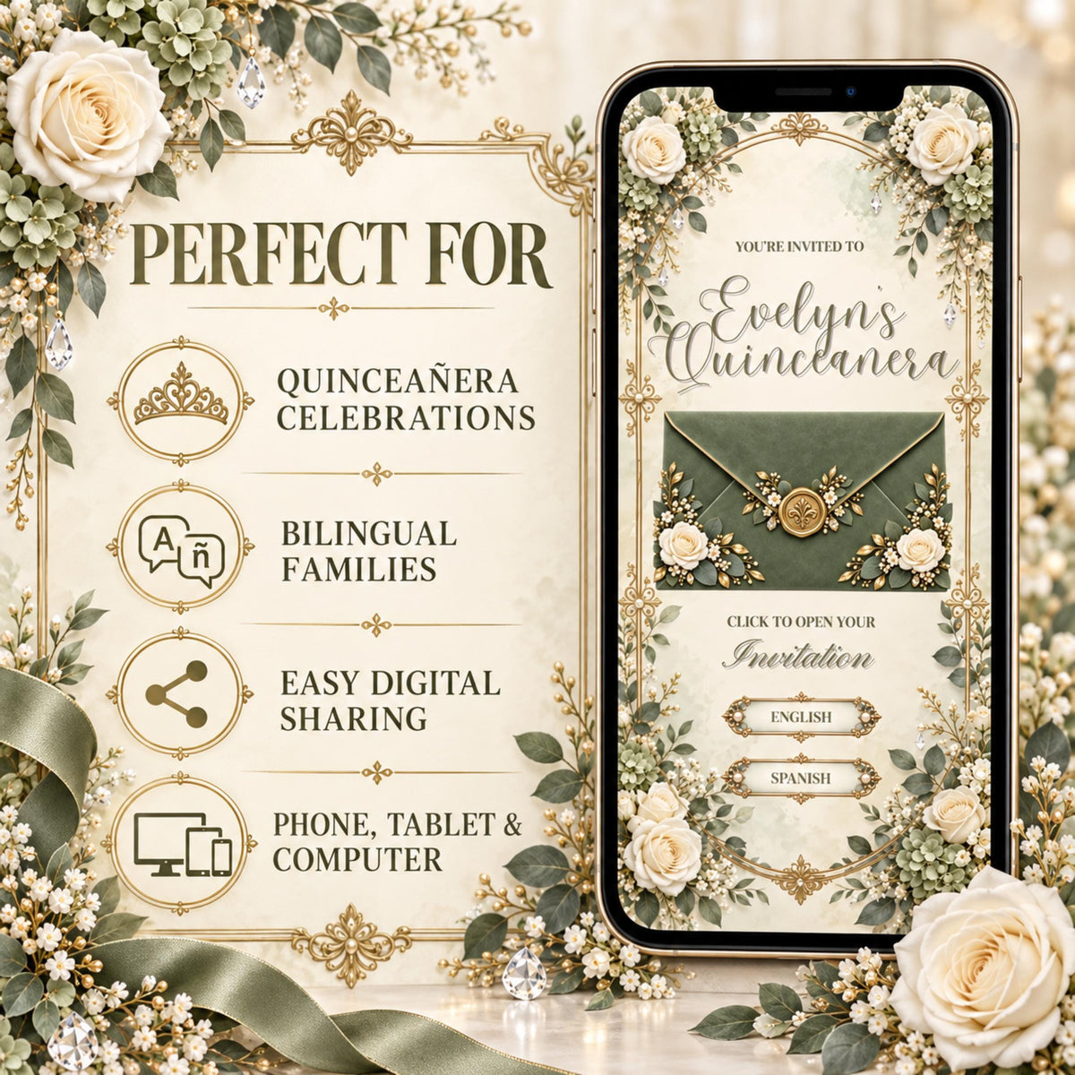 Sage green and gold bilingual quinceañera Canva invitation — image 3