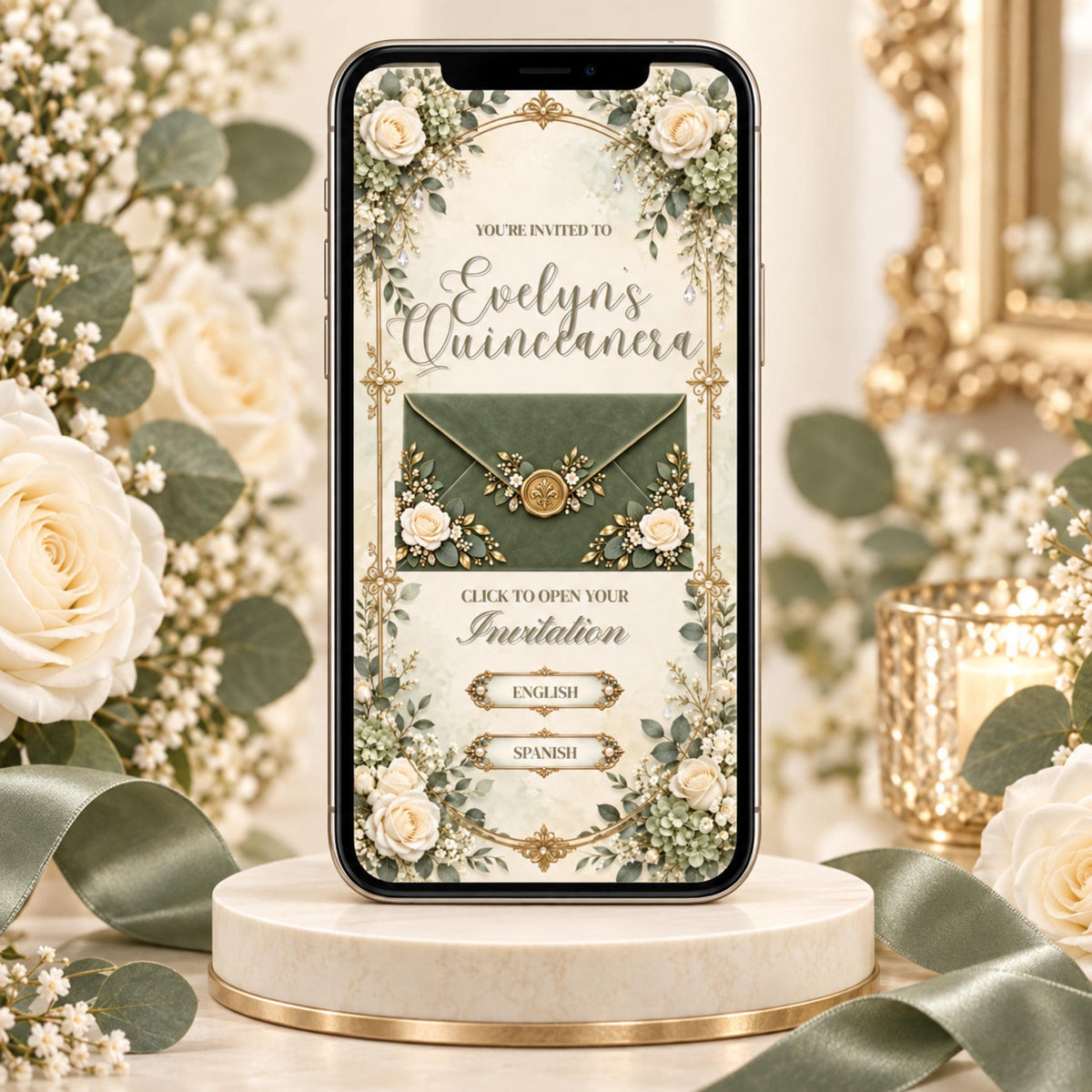 Sage green and gold bilingual quinceañera Canva invitation — image 4