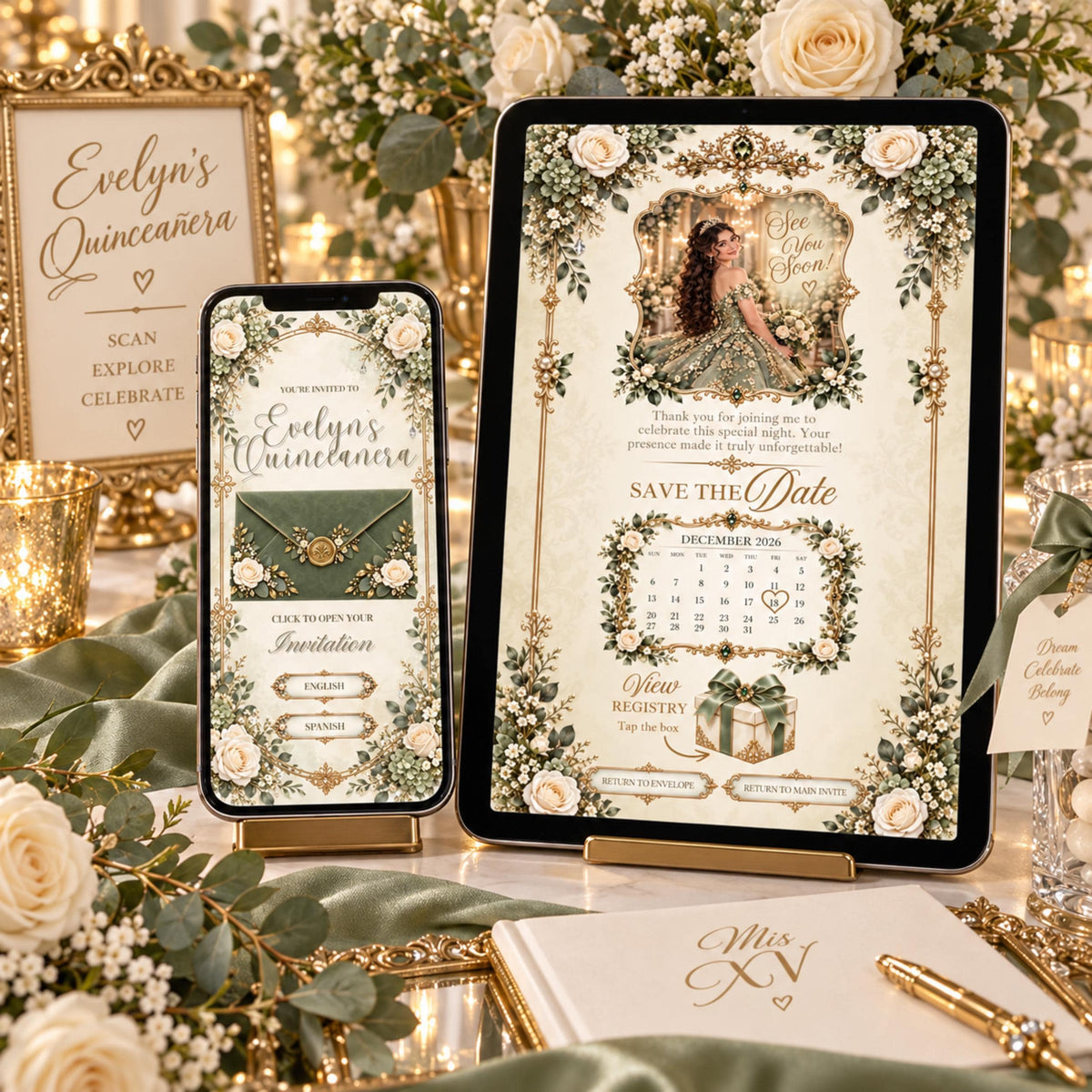 Sage green and gold bilingual quinceañera Canva invitation — image 5