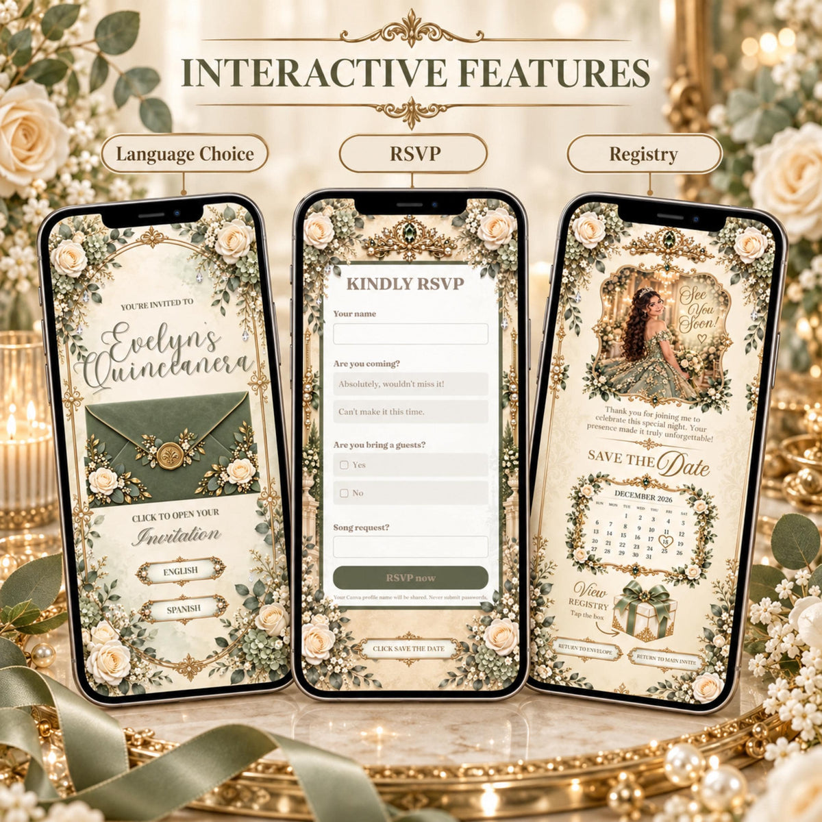 Sage green and gold bilingual quinceañera Canva invitation — image 6