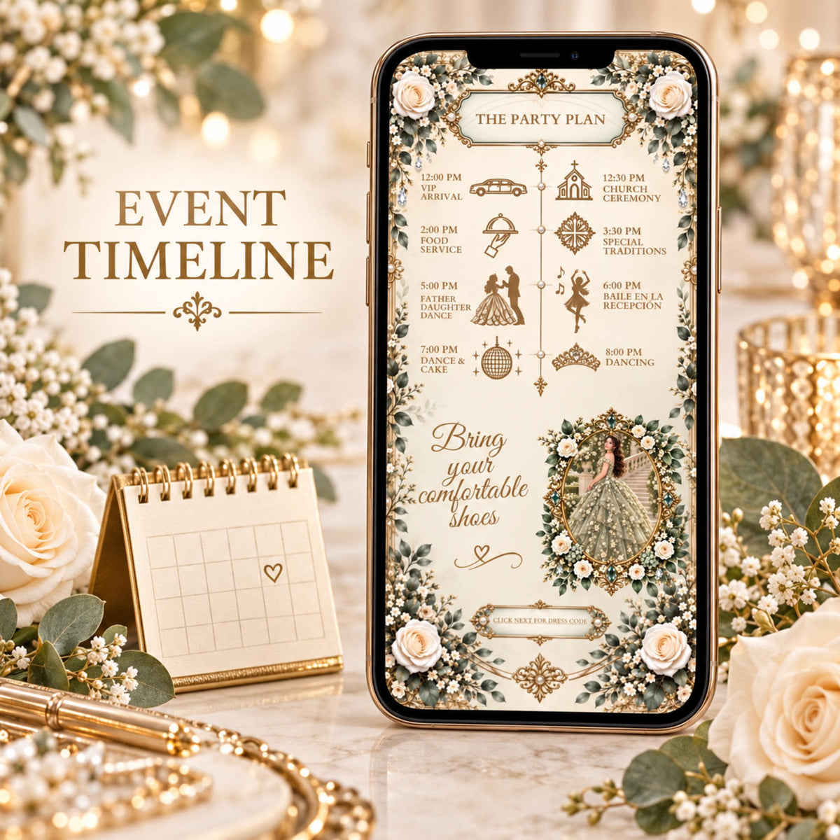Sage green and gold bilingual quinceañera Canva invitation — image 7