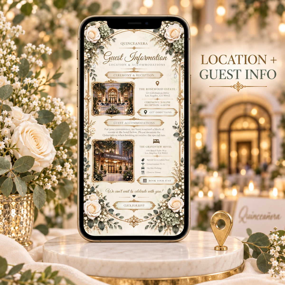 Sage green and gold bilingual quinceañera Canva invitation — image 9